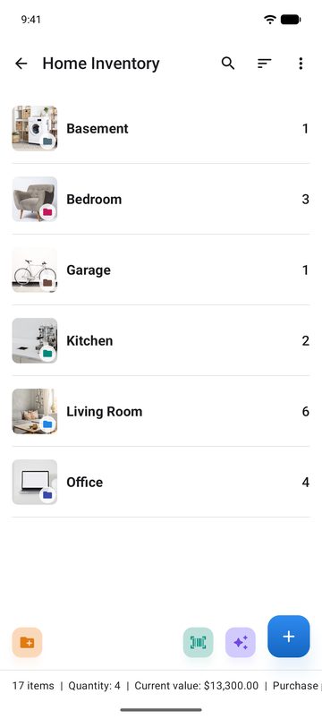Collection Home Inventory dans l’application avec des dossiers pour la cave, la chambre, le garage, la cuisine, le salon et le bureau, le nombre d’objets dans chaque pièce et la valeur actuelle totale. Les dossiers sont une fonction Pro.