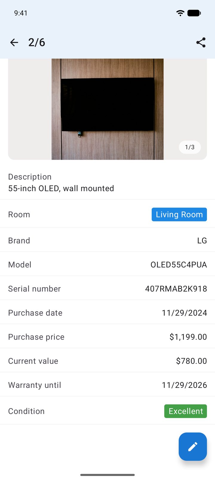 Détails d’un téléviseur dans l’application : pièce Salon, marque LG, modèle, numéro de série, date d’achat, prix d’achat, valeur actuelle, date de fin de garantie et état Excellent