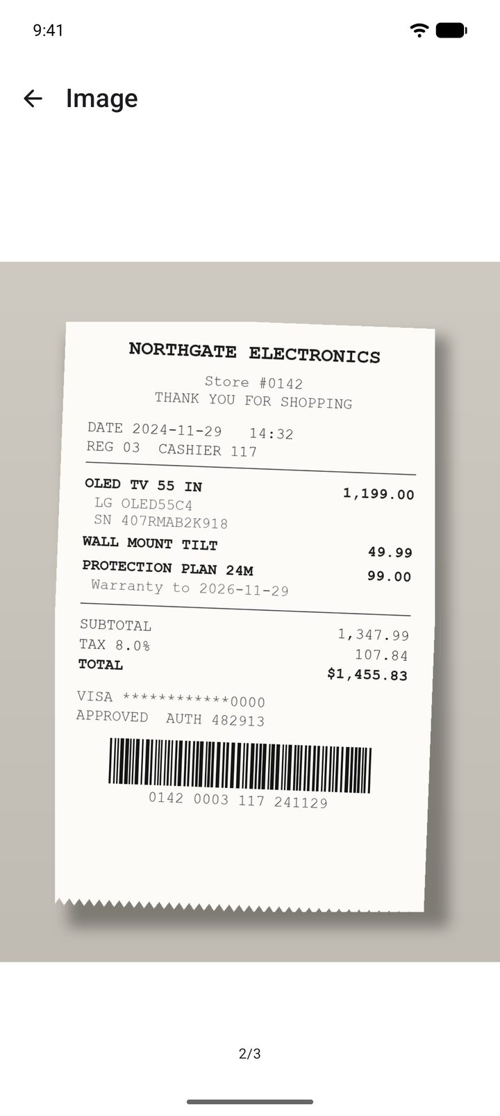 Photo du ticket de caisse du téléviseur, enregistrée comme deuxième des trois photos de l’objet. Plus d’une photo par objet est une fonction Pro.