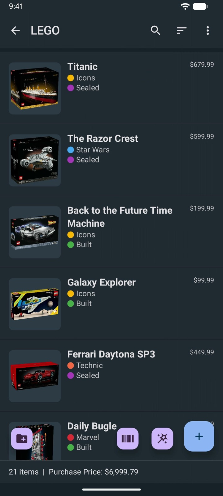 LEGO collection list in the app showing each set
