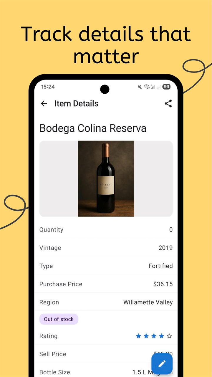Listenansicht fuer Weinsammlungs App fuer Flaschen, Keller und Verkostungsnotizen